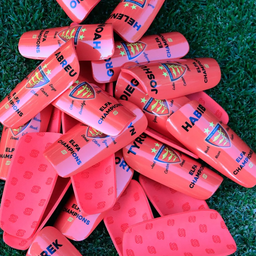 Pile of custom shin pads