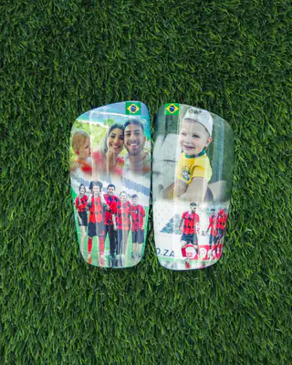 Family photo shin pads with Brazil flags