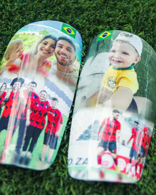 Close-up of family photo shin pads