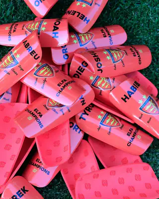 Pile of custom shin pads