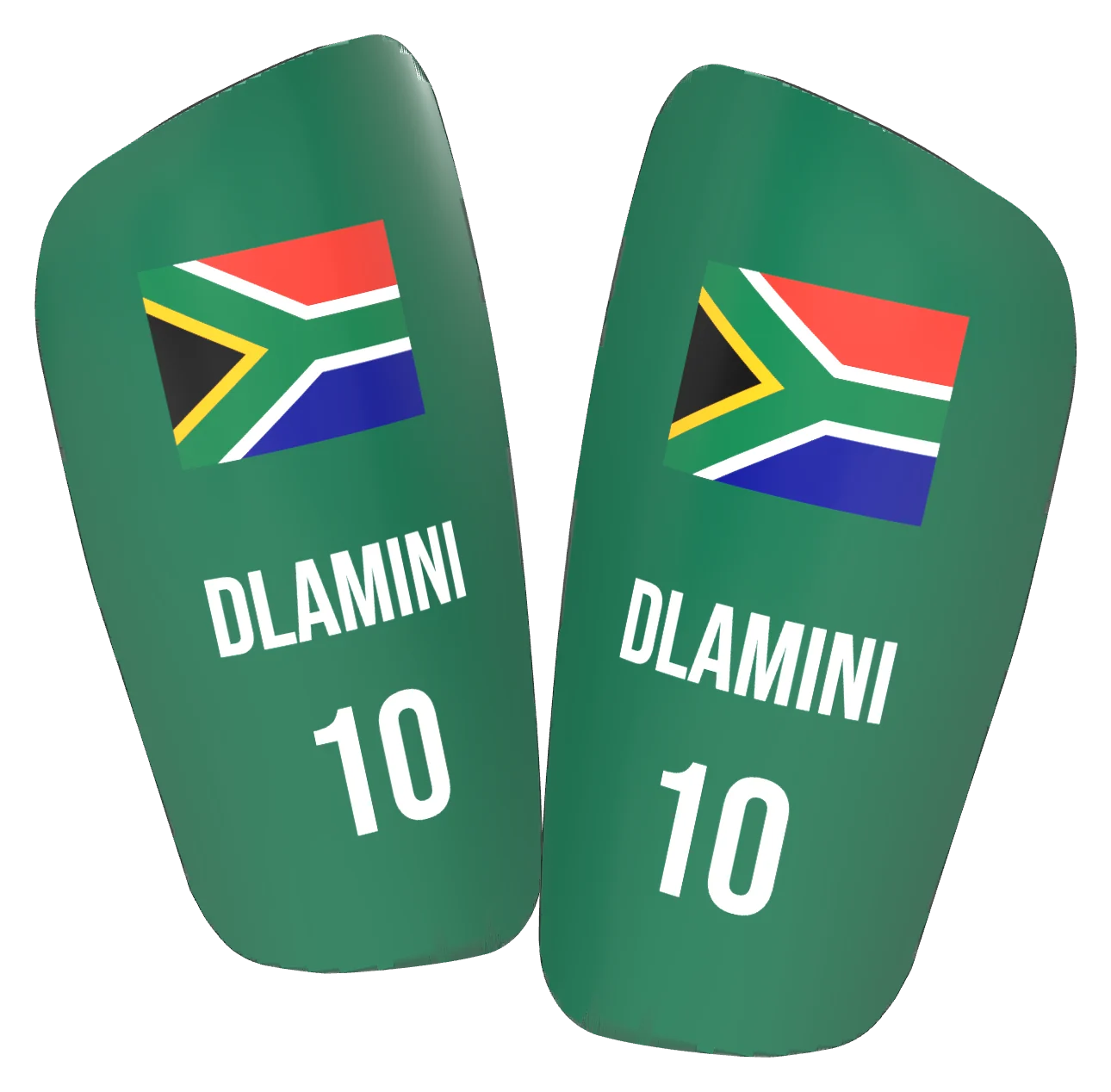 A pair of Strapzy's custom carbon fibre mini shin pads in green with the South African flag, the name DLAMINI and the number 10